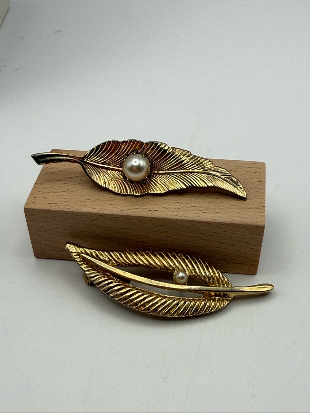 Gold Feather Brooch with Pearl Accent - Women Jewelry
